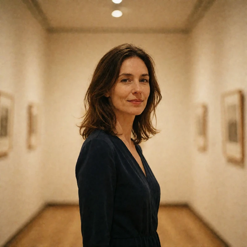 Verified Hungarian dating member with shoulder-length brunette hair in a gallery corridor in Szeged
