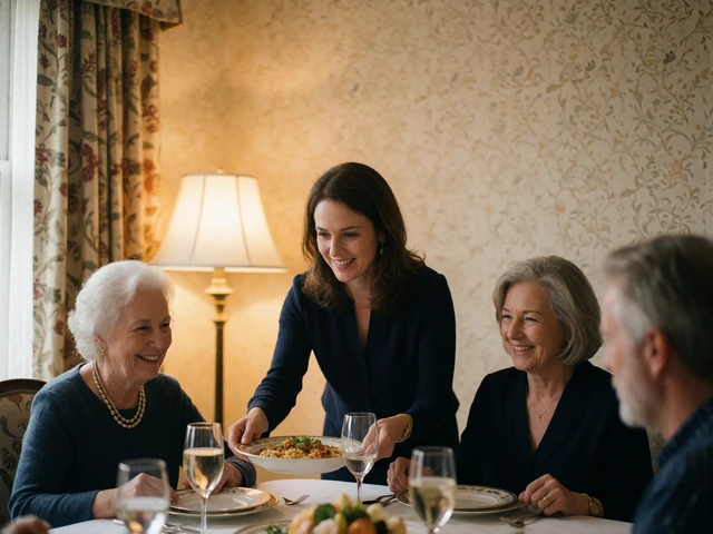 Three generations of a Slavic family gathered around a laid dinner table, an elegant woman passing a serving dish