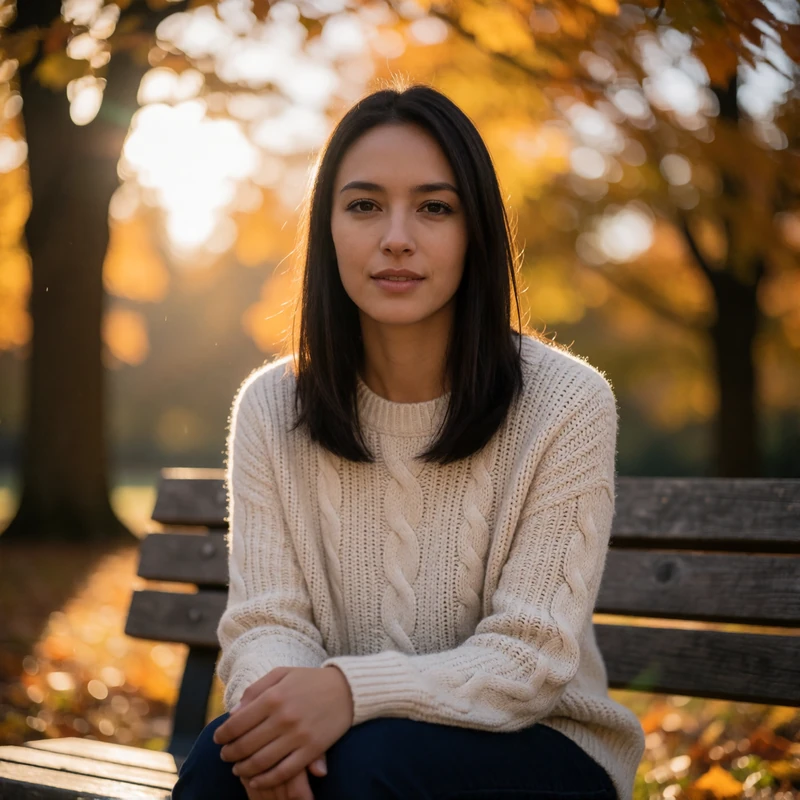 Verified Czech dating member with straight dark hair seated on a park bench under autumn trees