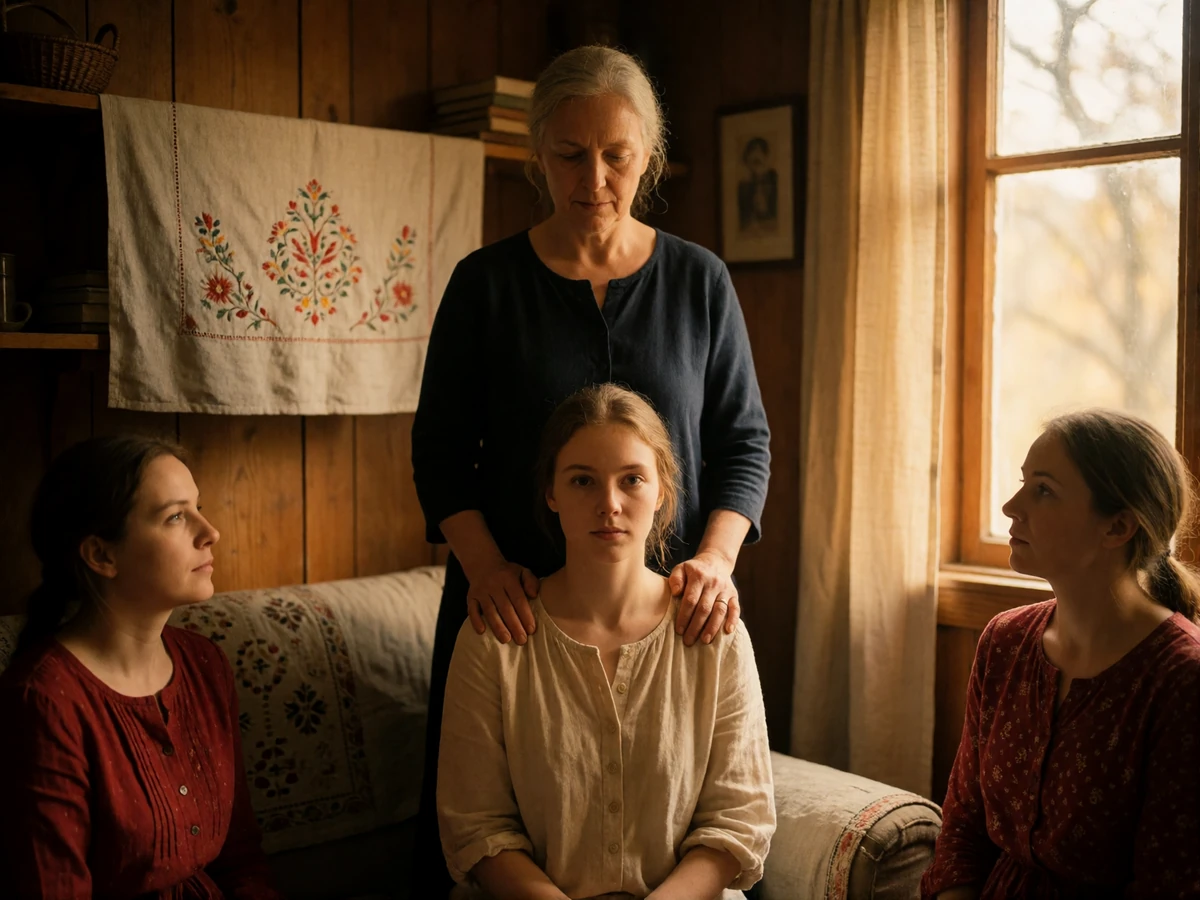 Older Belarusian woman giving a parental blessing to a seated younger woman in a modest wooden-walled living room