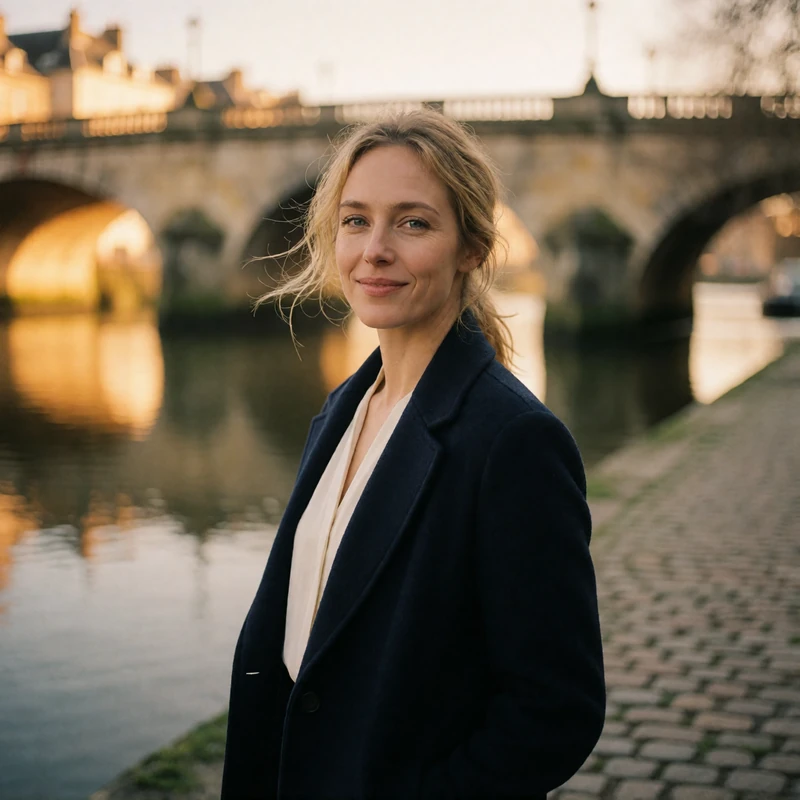 Verified Czech dating member with light blonde hair on a cobbled riverside walkway