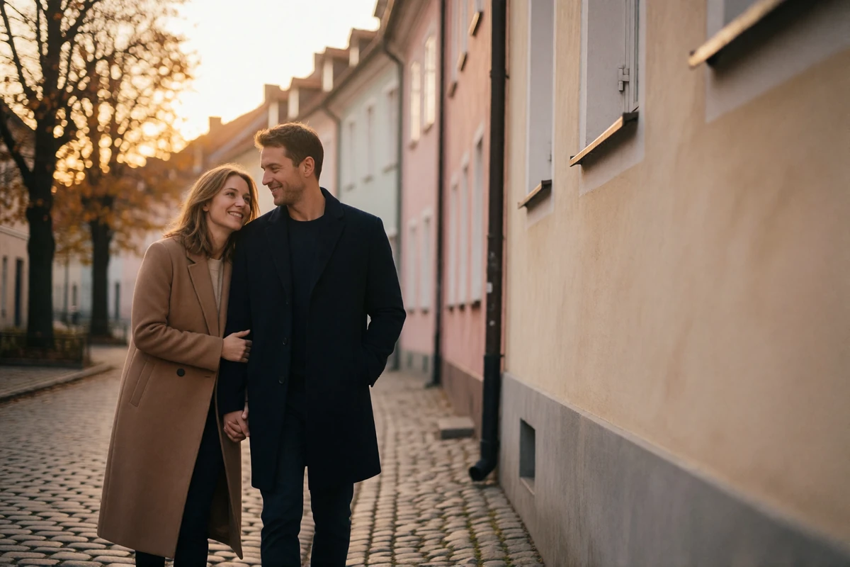 Couple in their late thirties walking hand in hand along a cobbled European old-town street at golden hour