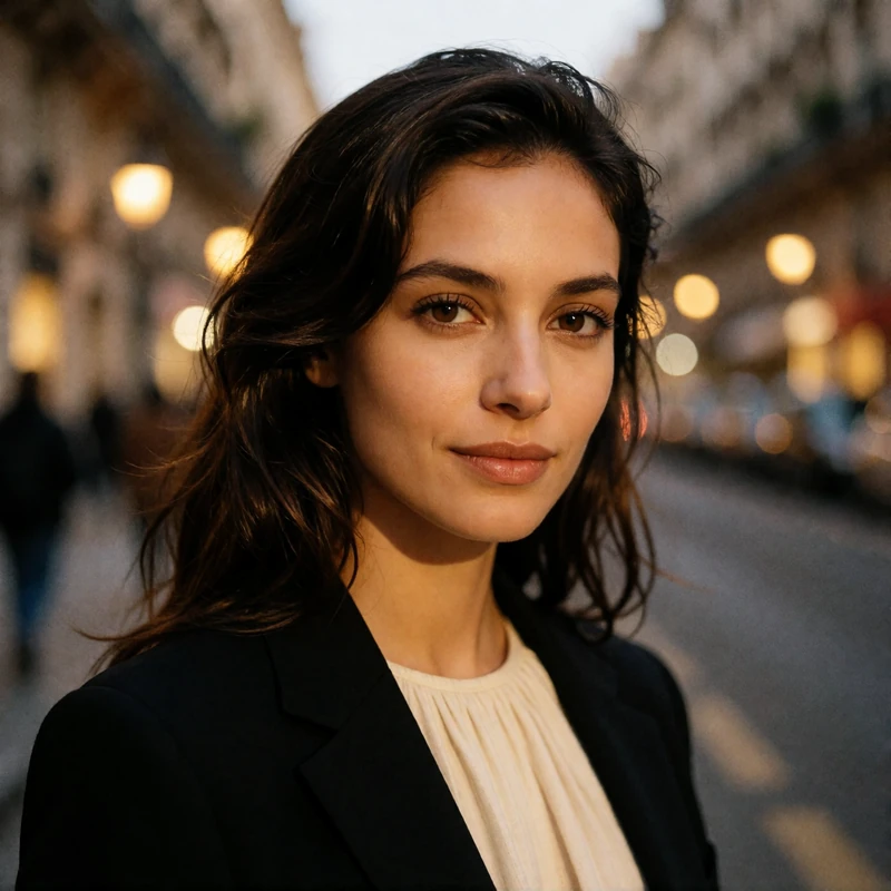 Verified Romanian dating member with dark glossy hair smiling in a blazer on a Bucharest boulevard at dusk