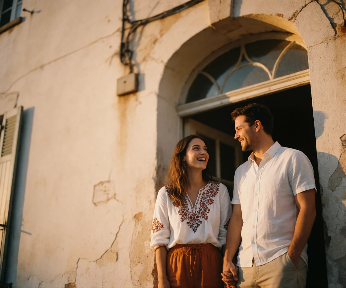 Couple laughing together in the arched doorway of an old village house at sunset