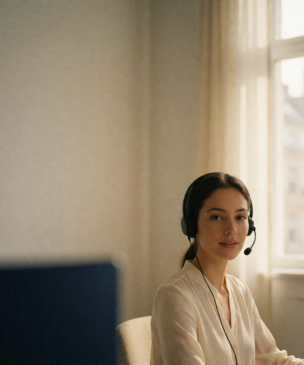 Support specialist with dark hair pinned back attentively working at a bright minimal desk, representing SingleSlavicWomen platform support