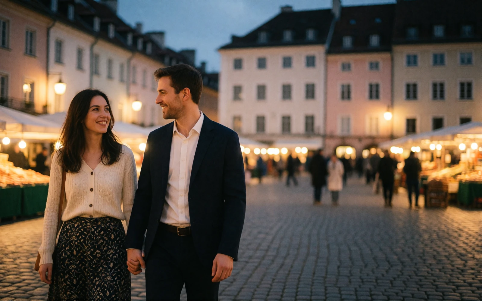 Couple walking hand in hand across a lamplit cobbled market square at blue hour