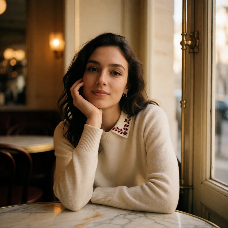 Verified Czech dating member with dark wavy hair at a marble café table