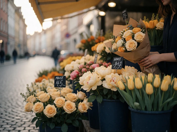 Outdoor European flower stall with buckets of roses, peonies and tulips, a woman's hand lifting a wrapped bouquet