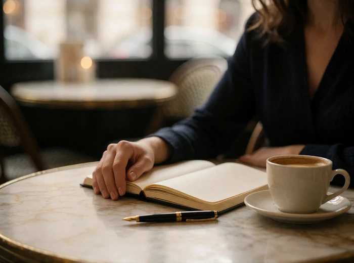 Open notebook, fountain pen and cup of coffee on a marble cafe table with a woman's hand resting at the edge