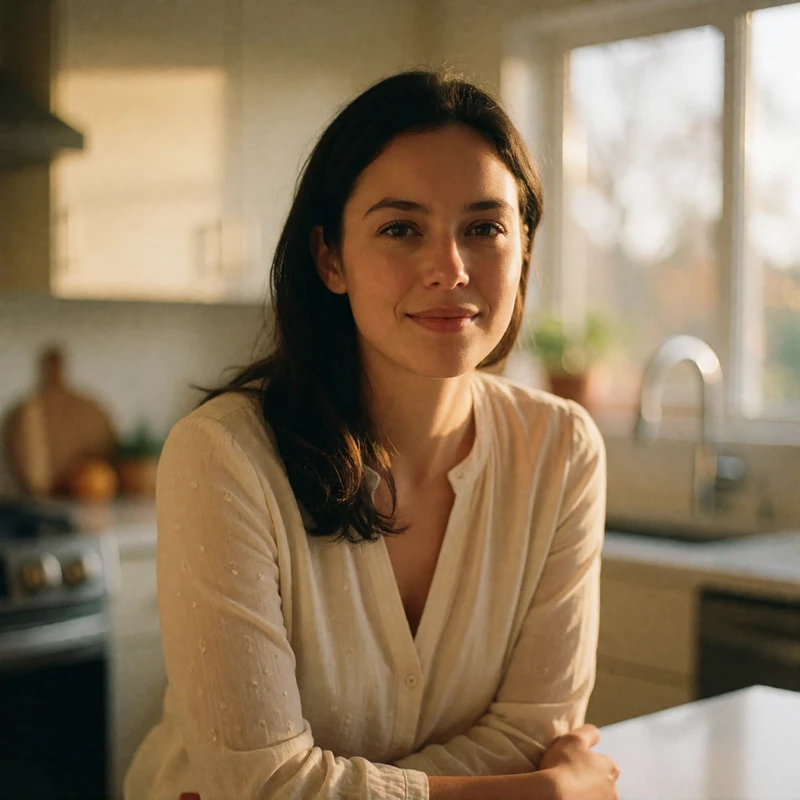Verified Slovakian dating member with dark hair smiling calmly in a bright modern kitchen