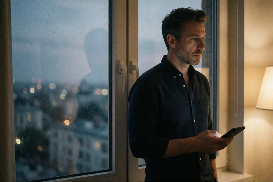Man standing at a tall apartment window in the evening, holding a phone at his side and looking out with a thoughtful expression