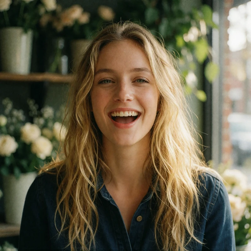Verified Polish dating member with wavy blonde hair laughing in a flower shop