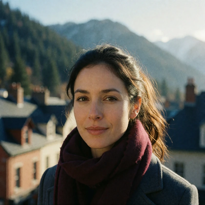 Verified Romanian dating member with dark hair in a ponytail smiling against a mountain town backdrop in Brasov