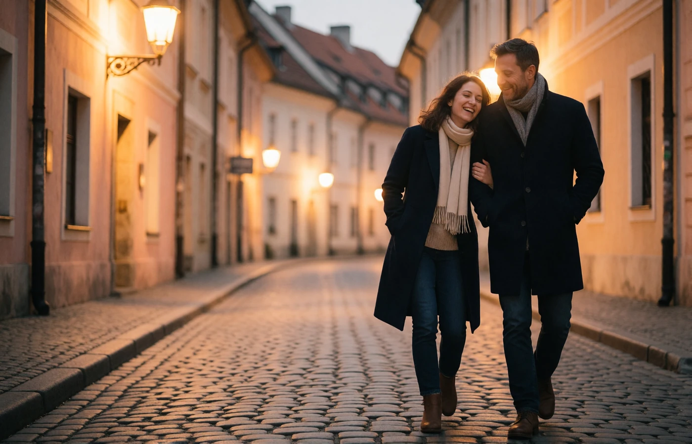 Couple in their late thirties walking along a cobbled old-town lane at dusk after meeting through Czech dating