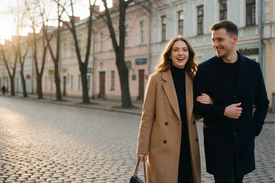 Elegant Slavic woman in a camel coat walking arm in arm with a smiling man along a cobbled old-town street