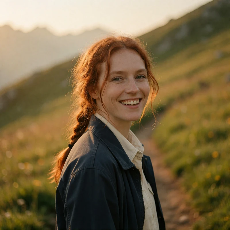 Verified Slovakian dating member with copper-red hair smiling on an alpine meadow trail