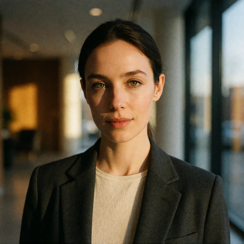 Verified Russian dating member with sleek dark hair smiling in a blazer at an office lobby