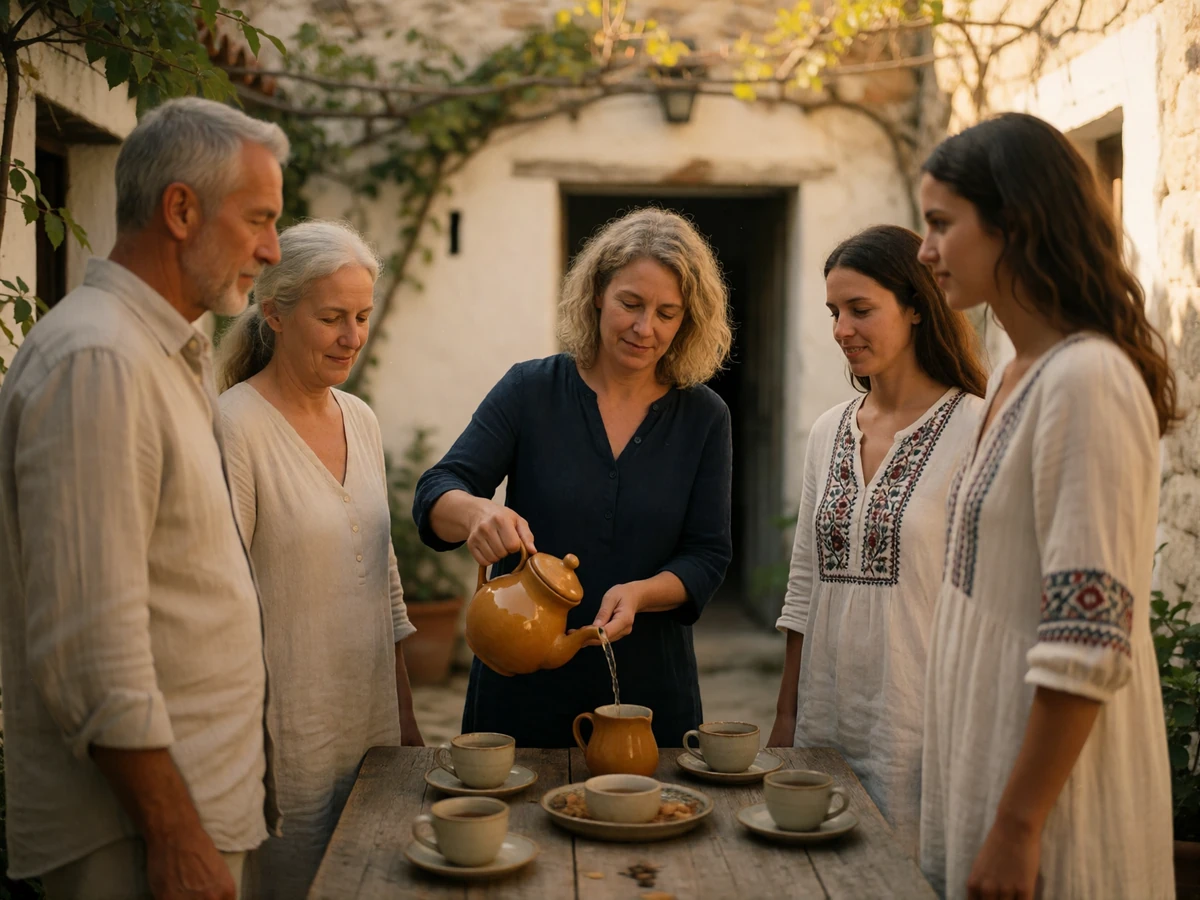 Multi-generational Slovakian family gathered in a stone courtyard sharing tea in warm afternoon light