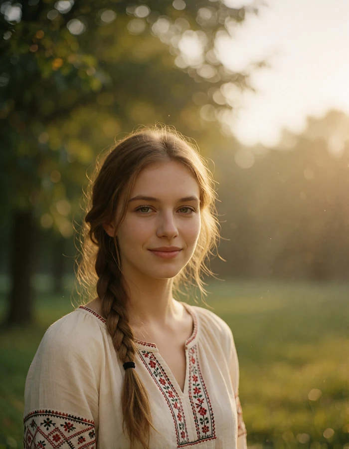 Verified Slavic dating member with a side braid smiling in a sunlit park