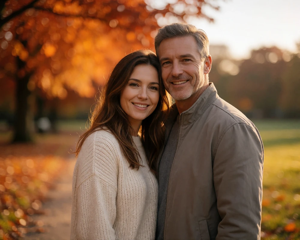 Couple in their late thirties standing close together in an autumn park at golden hour after meeting through international dating