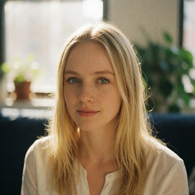 Verified Ukrainian dating member with blonde hair smiling in a bright apartment