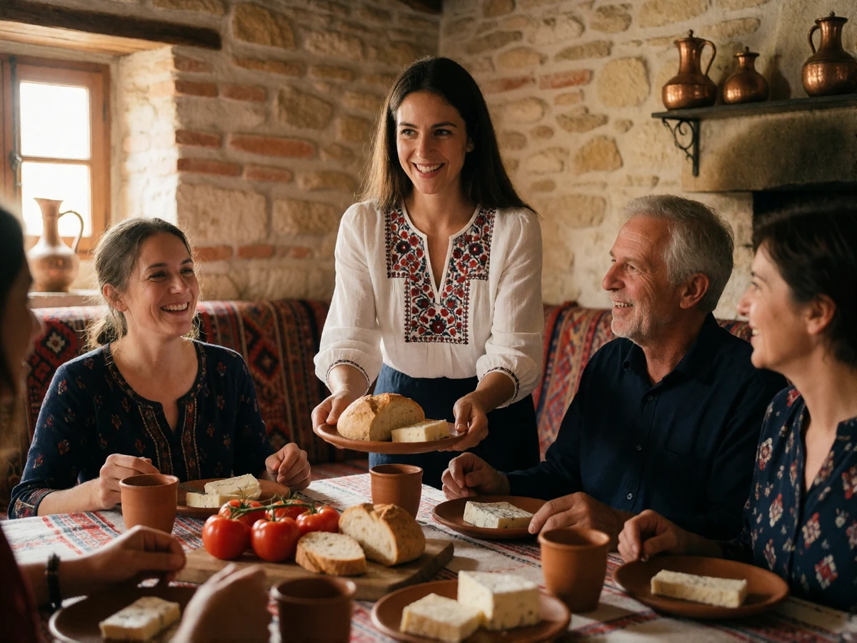 Bulgarian family welcoming guests with bread, cheese and tomatoes at a traditional stone-walled home