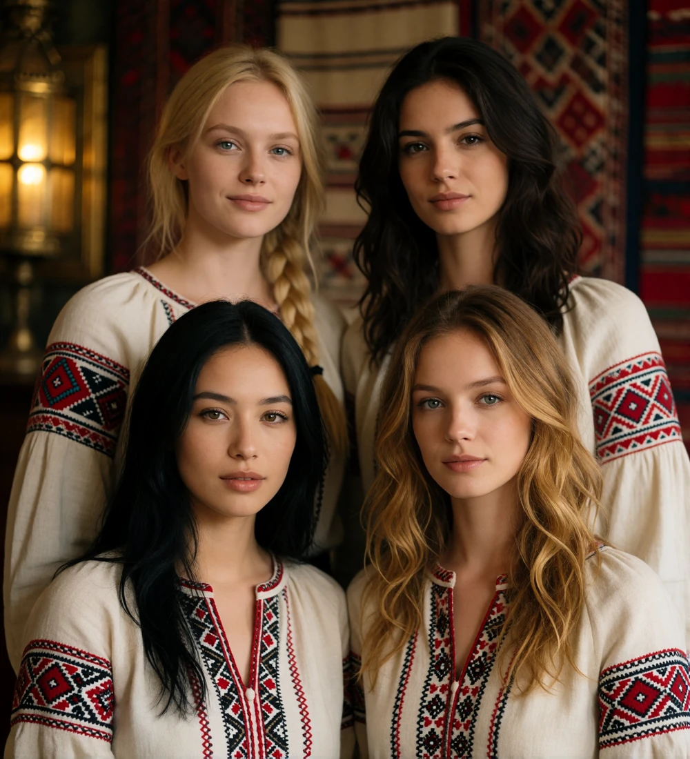 Group portrait of four Eastern European women in cream embroidered folk blouses, representing verified members of the Slavic dating platform