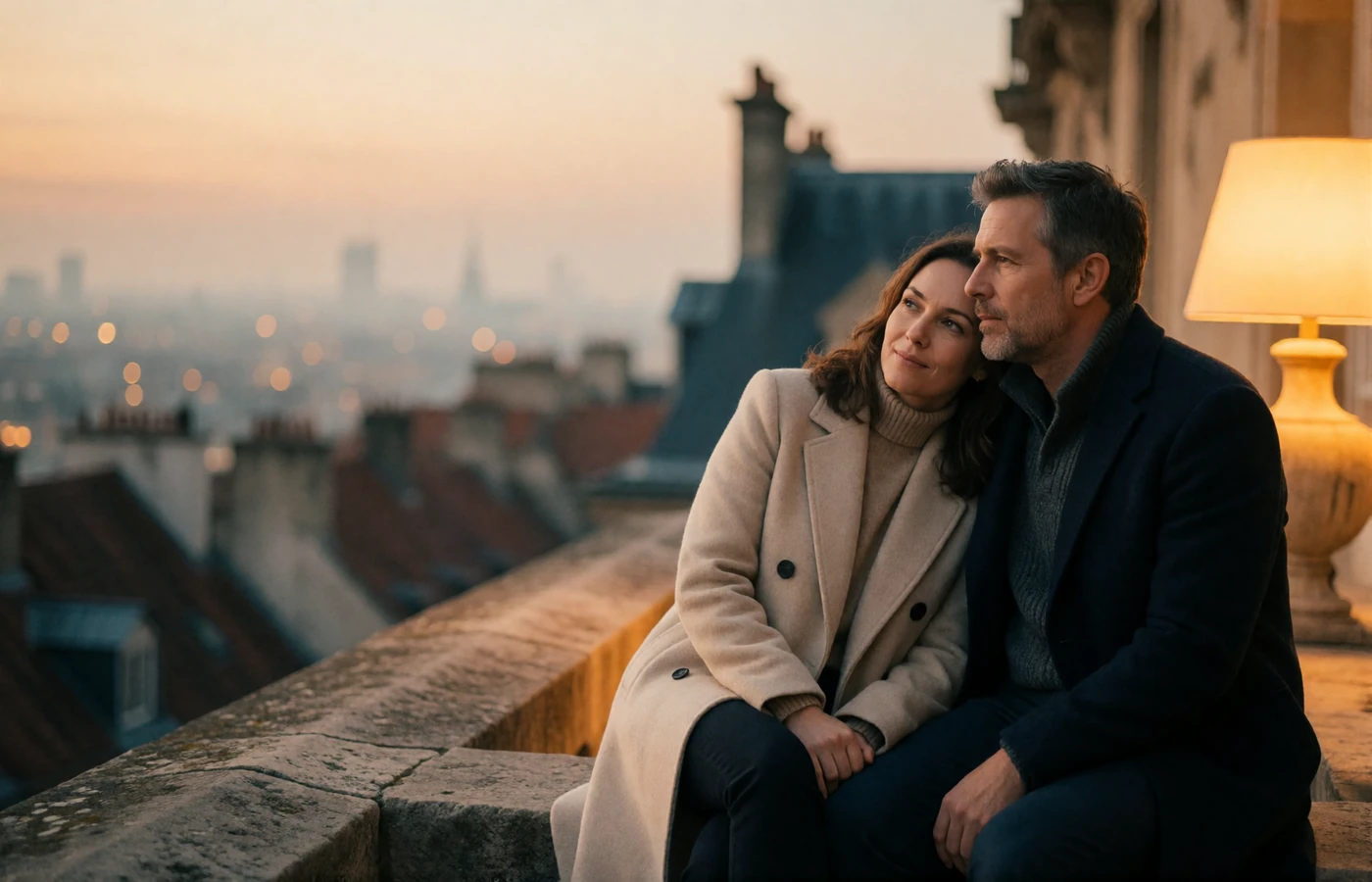 Couple in their forties sitting close together on a stone terrace overlooking a hazy city skyline at dusk