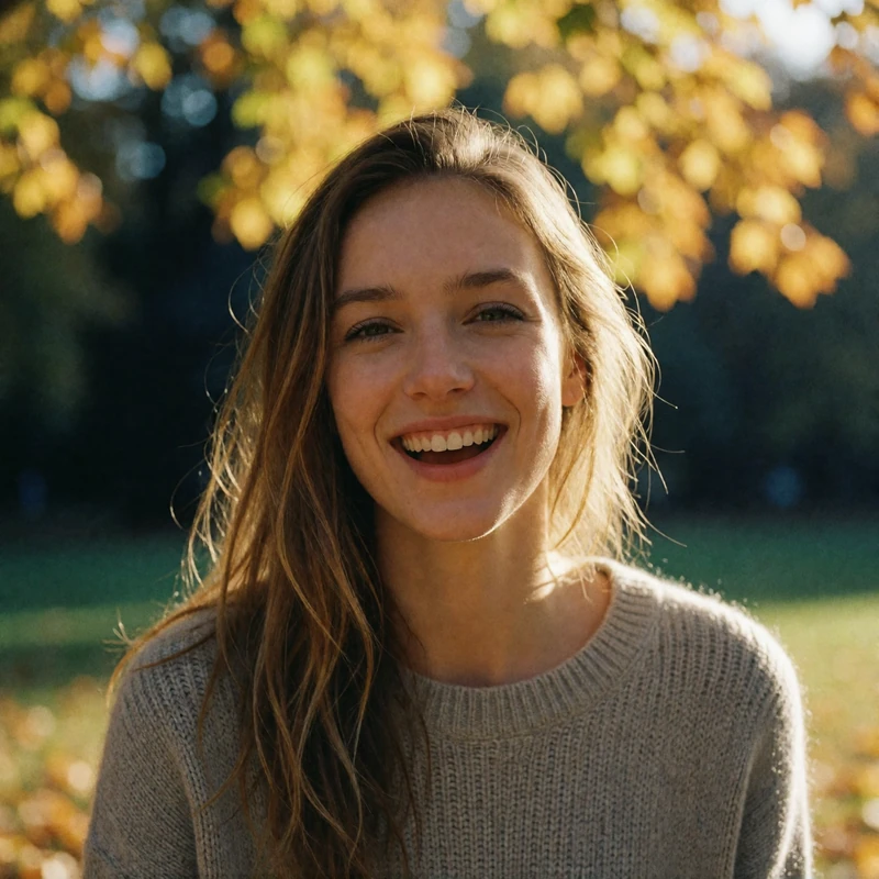 Verified Ukrainian dating member with light-brown hair laughing in an autumn park