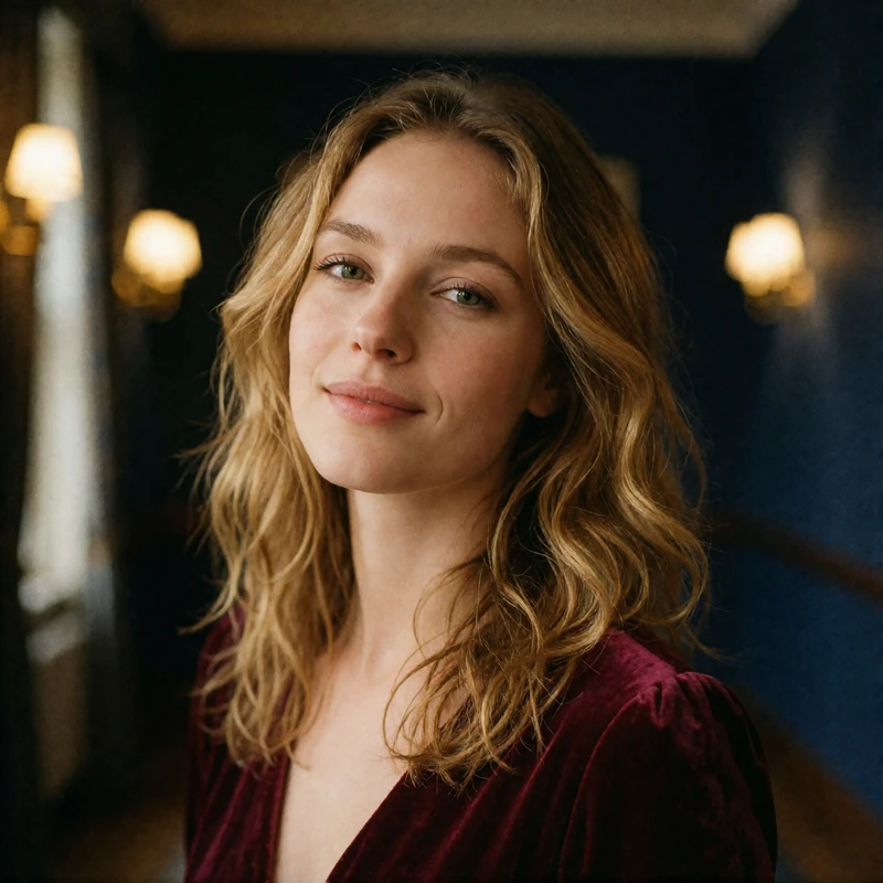 Verified Russian dating member with wavy honey-blonde hair smiling near a concert hall corridor