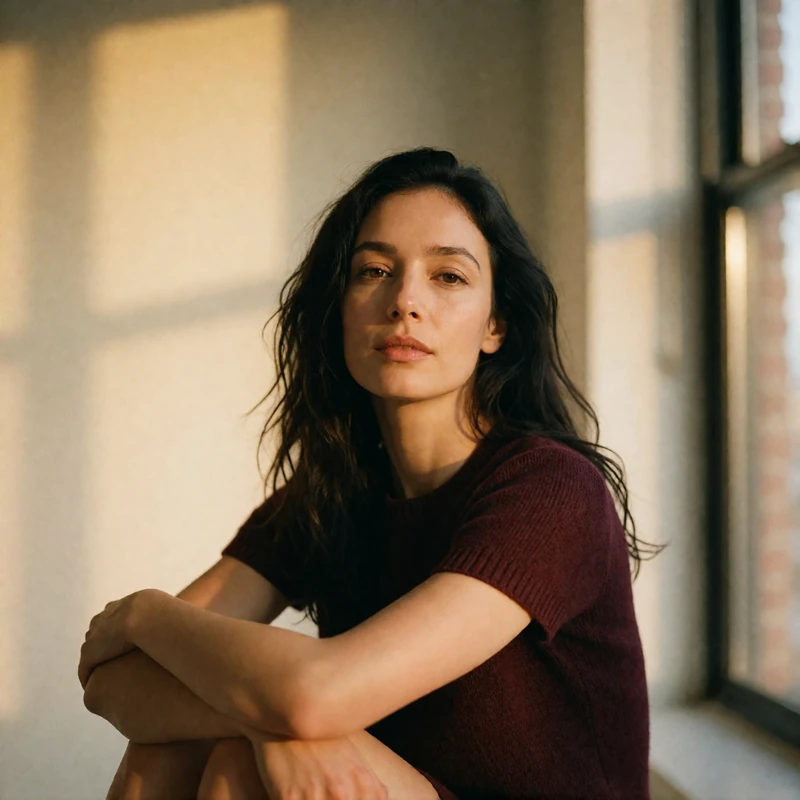 Verified Moldovan dating member with dark wavy hair seated near a window in a minimal apartment