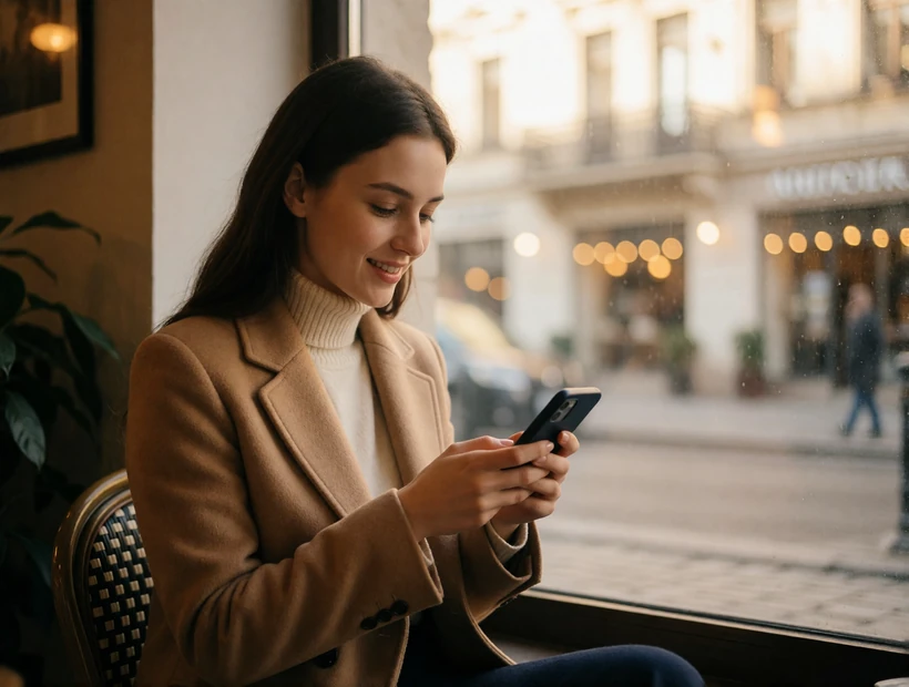 Elegant Slavic woman in a camel coat typing a message on her phone by a sunlit cafe window