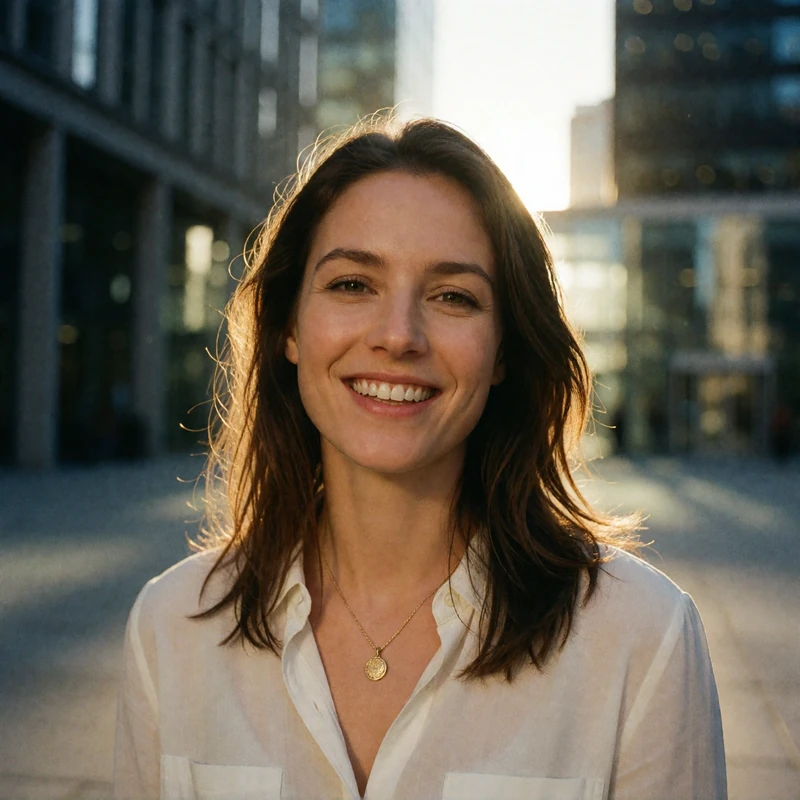 Verified Polish dating member with brown hair smiling in a sunlit city plaza