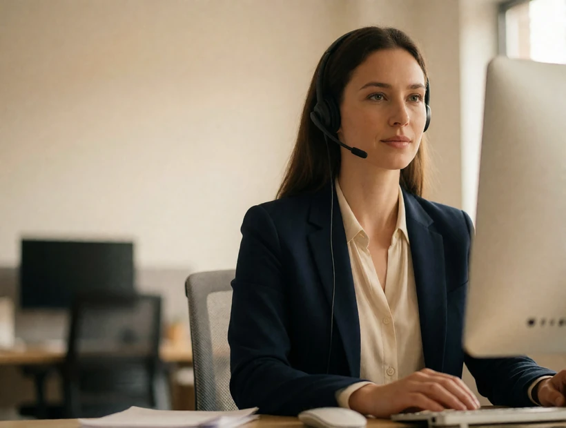 Support specialist in a navy blazer wearing a headset at a workstation in a modern office