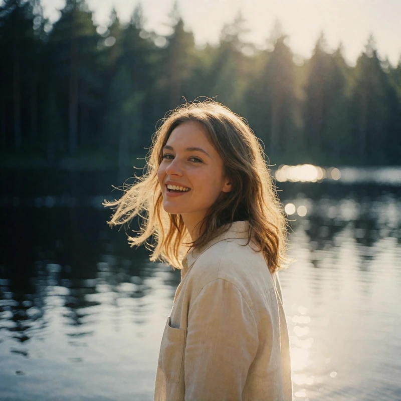 Verified Belarusian dating member with light brown hair standing at the edge of a forest lake